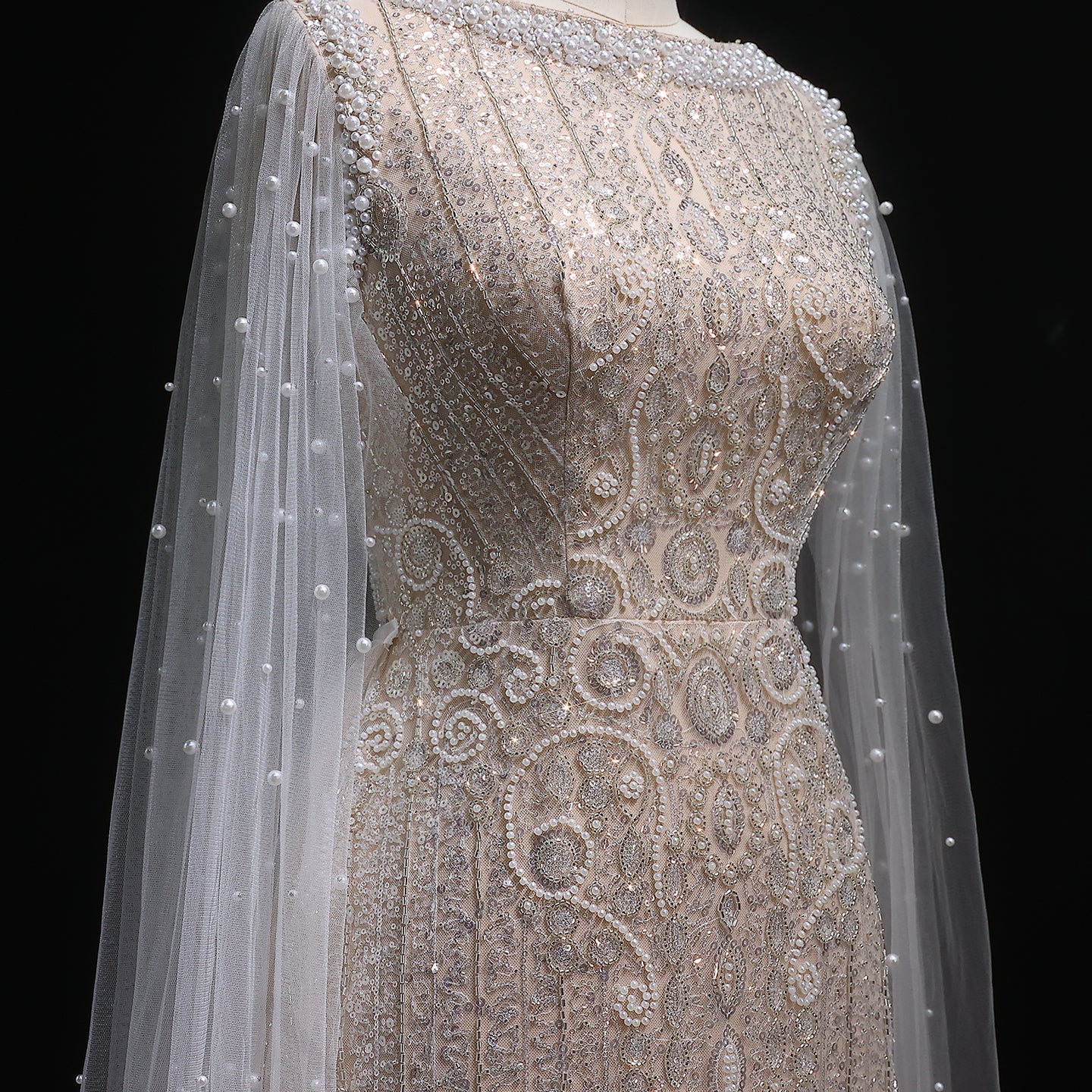 Luxury White Nude Evening Dress with Cape Sleeves SS668