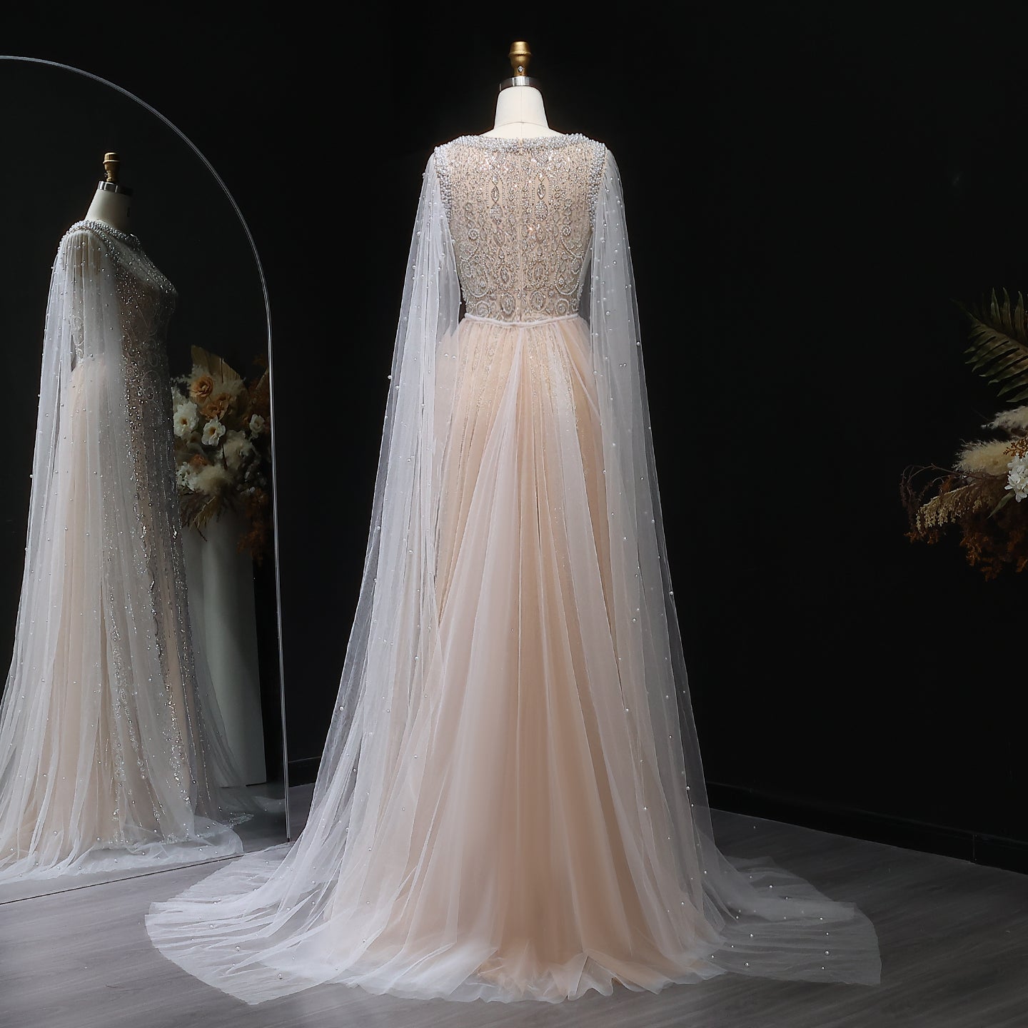 Luxury White Nude Evening Dress with Cape Sleeves SS668