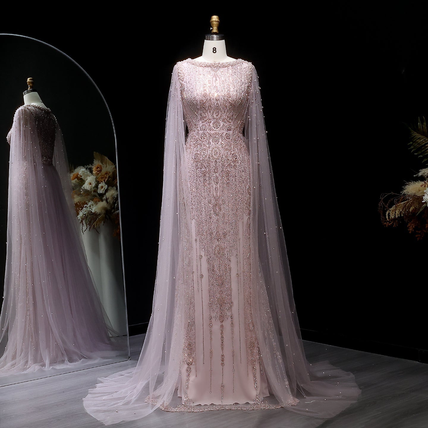 Luxury White Nude Evening Dress with Cape Sleeves SS668  Pink / US 20