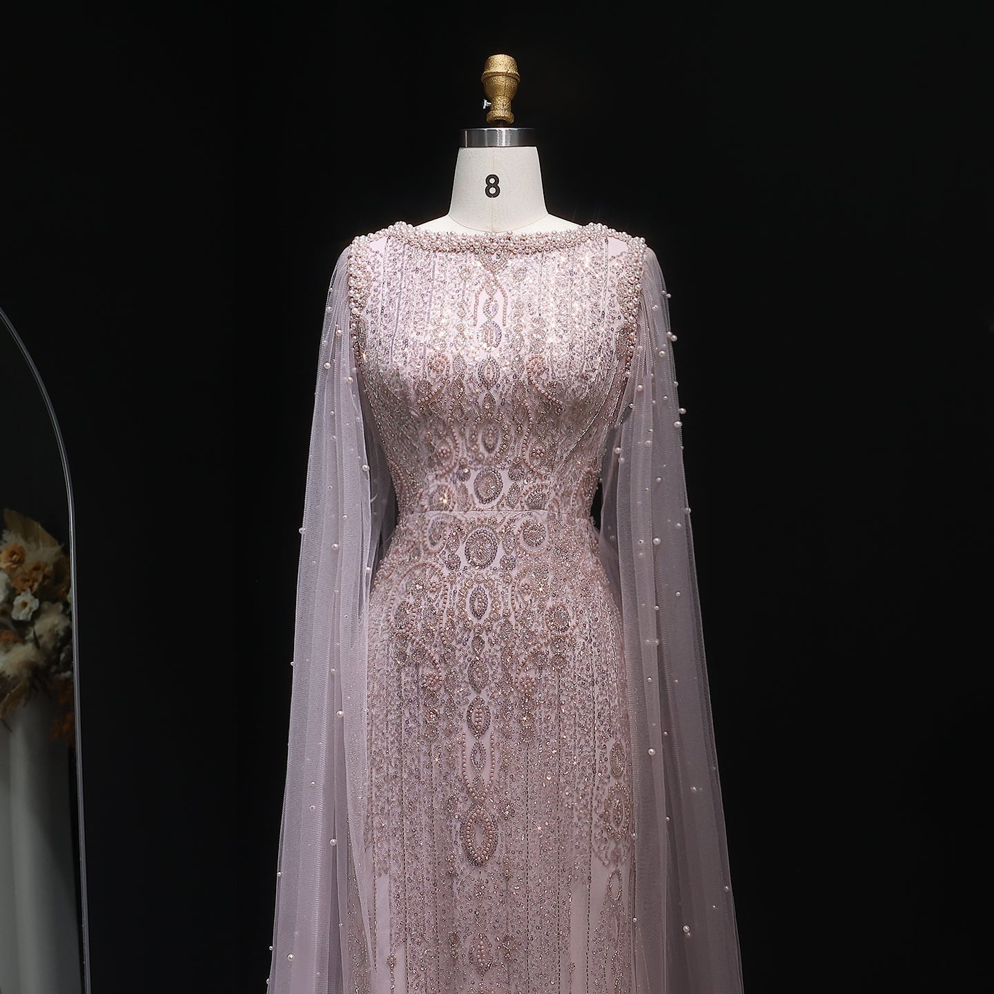 Luxury White Nude Evening Dress with Cape Sleeves SS668