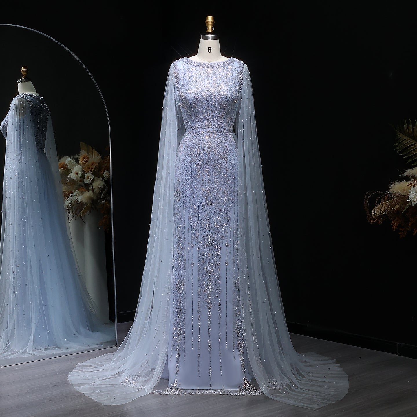 Luxury White Nude Evening Dress with Cape Sleeves SS668  Blue / US 20