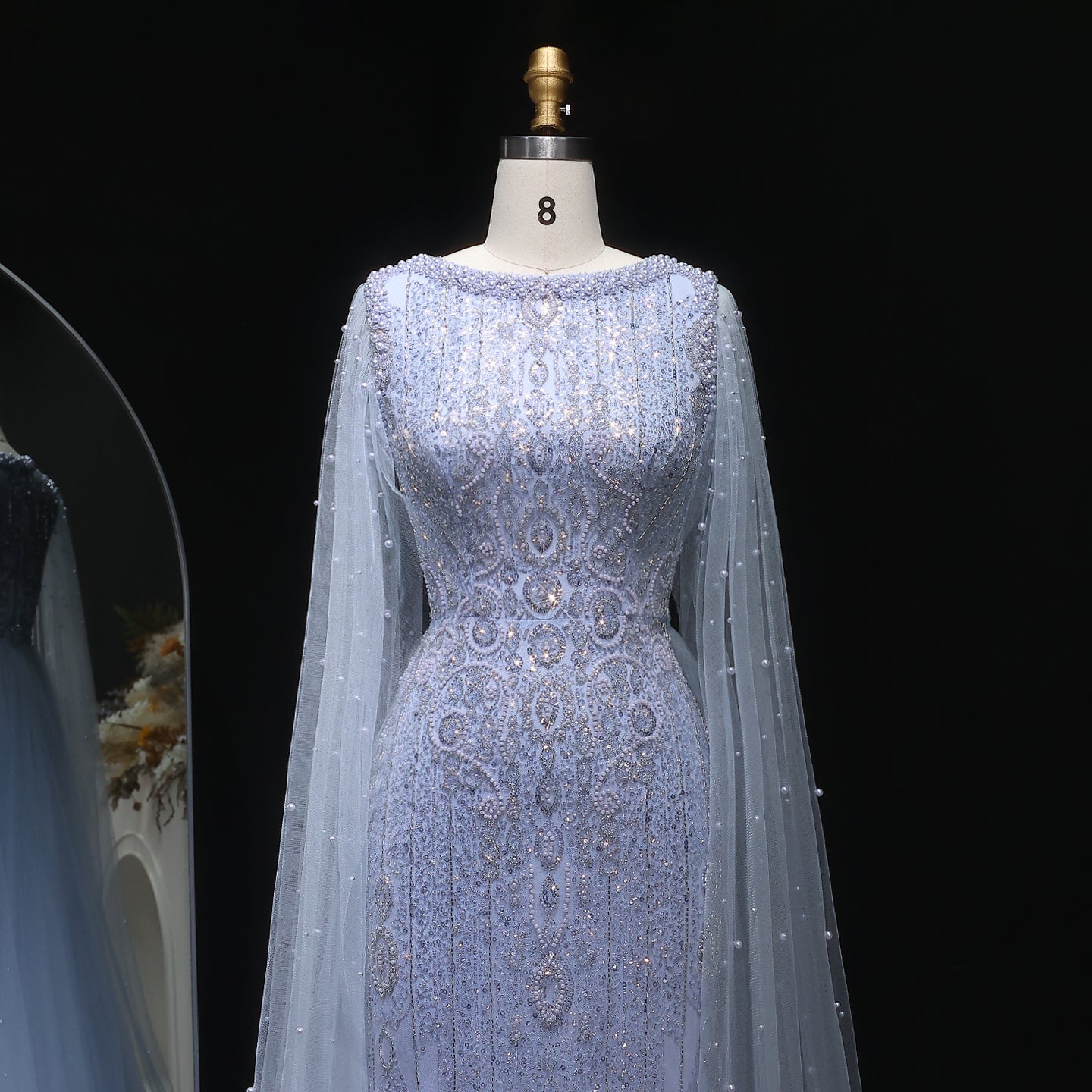 Luxury White Nude Evening Dress with Cape Sleeves SS668