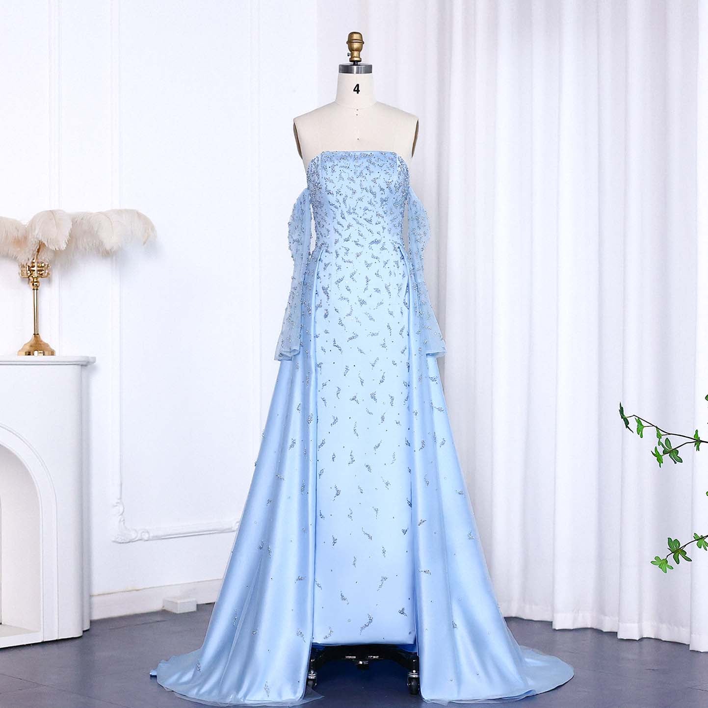 Luxury Silver Gray Evening Dress with Overskirt Sleeves SS484  Blue / US 16