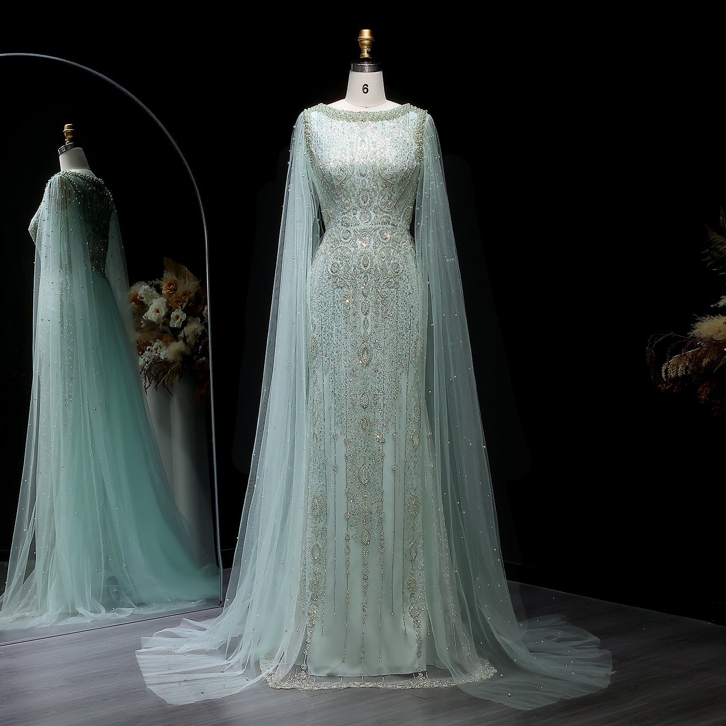 Luxury White Nude Evening Dress with Cape Sleeves SS668  Green / US 20