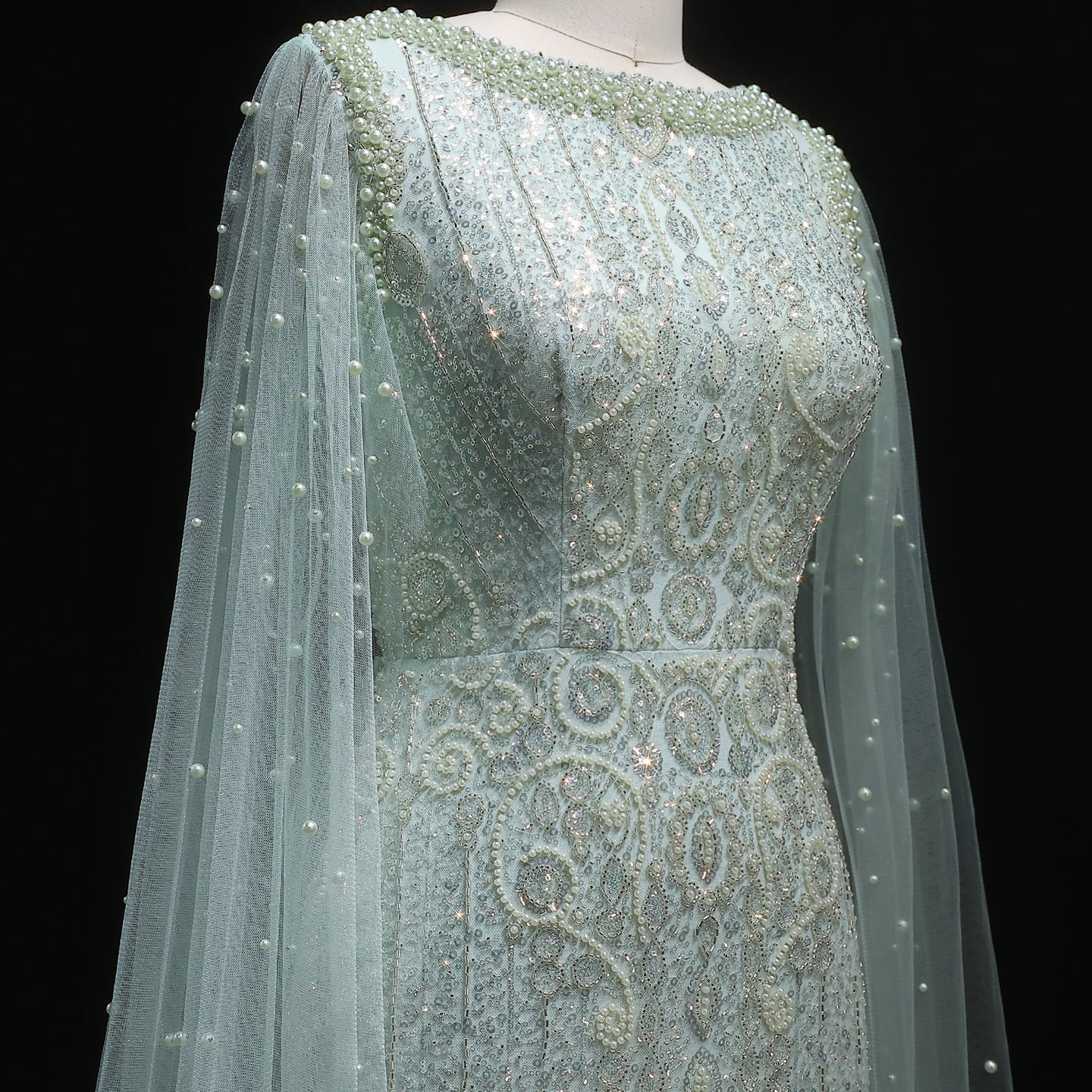 Luxury White Nude Evening Dress with Cape Sleeves SS668