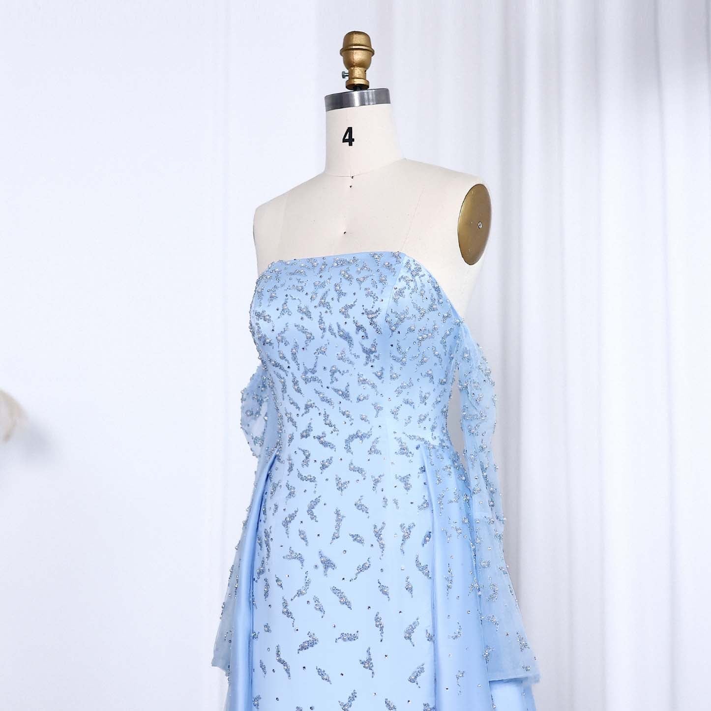 Luxury Silver Gray Evening Dress with Overskirt Sleeves SS484