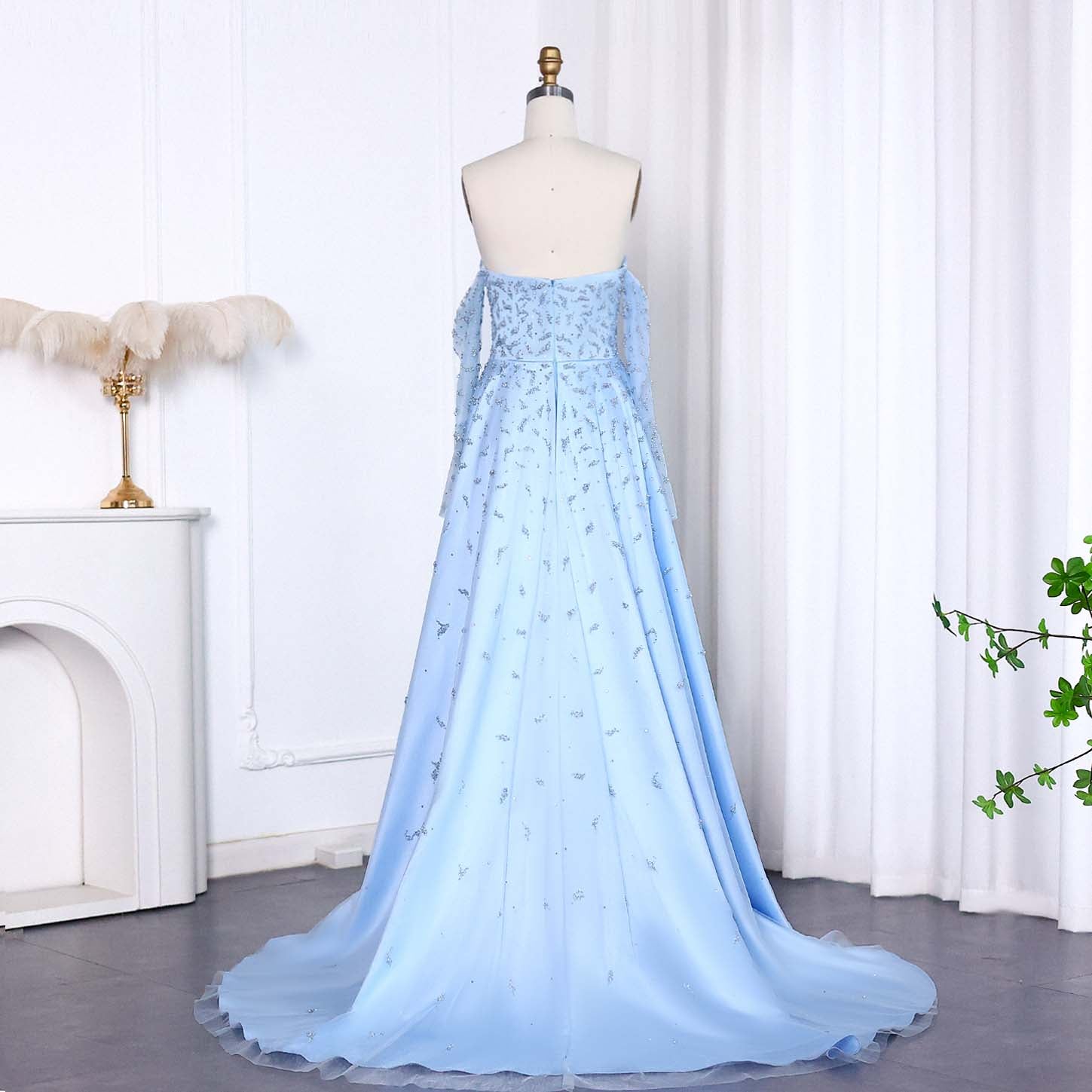 Luxury Silver Gray Evening Dress with Overskirt Sleeves SS484