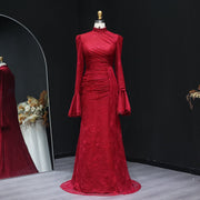 Burgundy High Neck Evening Dress with Lace Long Flare Sleeves SF484  Burgundy / US 20
