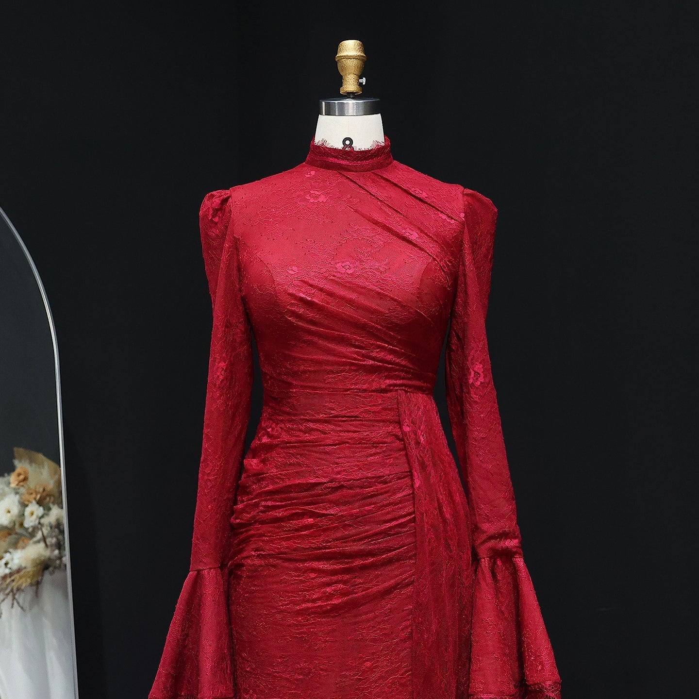 Burgundy High Neck Evening Dress with Lace Long Flare Sleeves SF484