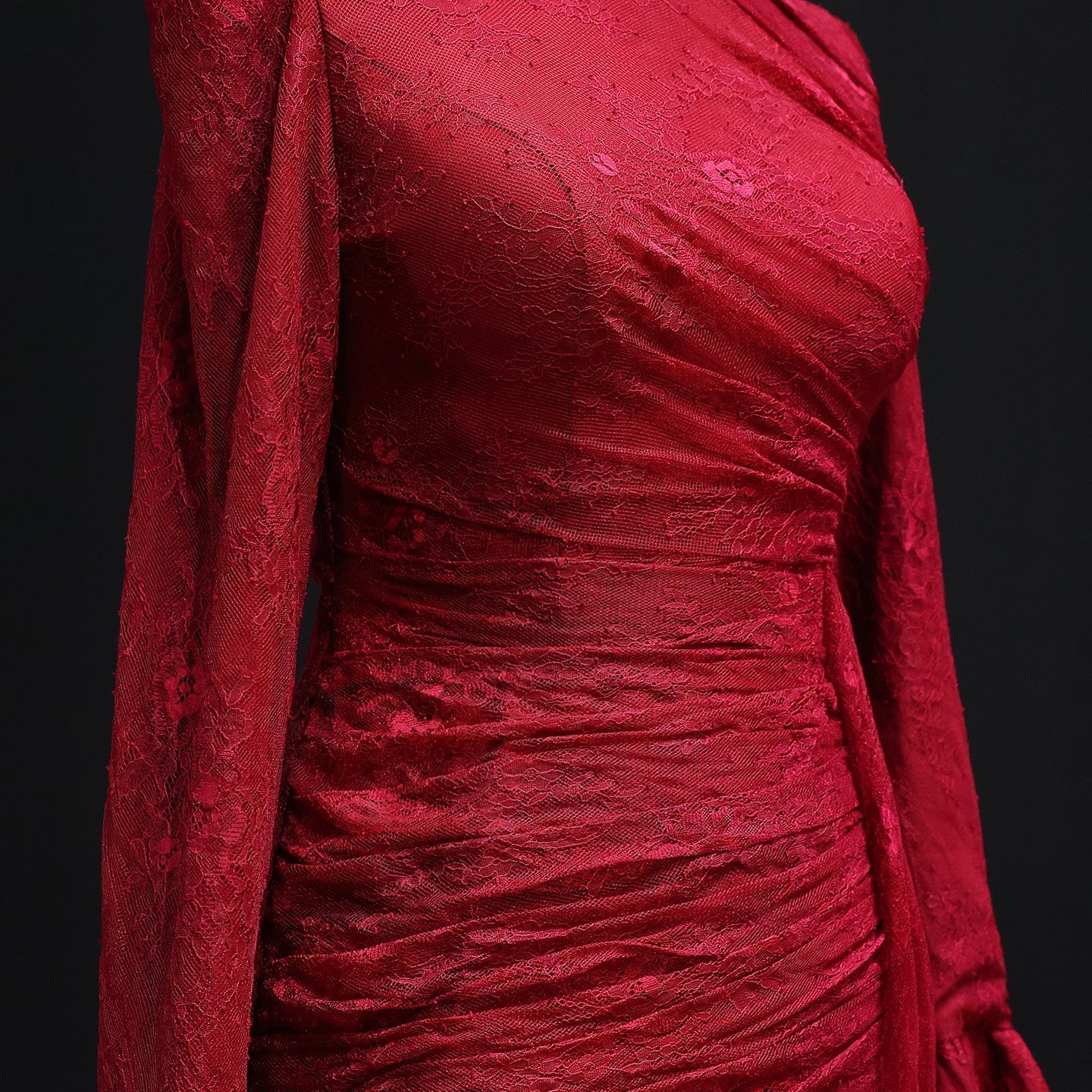 Burgundy High Neck Evening Dress with Lace Long Flare Sleeves SF484