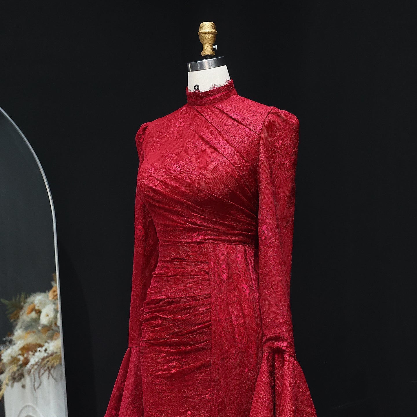 Burgundy High Neck Evening Dress with Lace Long Flare Sleeves SF484