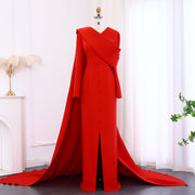 Elegant Red Long Sleeve Evening Dress with Cape SF137  Red / US 16