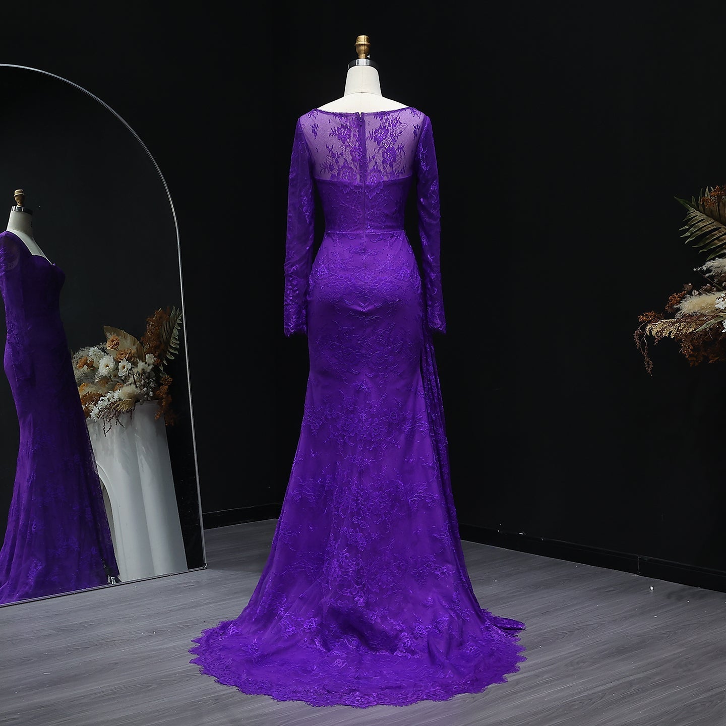 Elegant Purple Lace Long Sleeve Evening Dress SF075