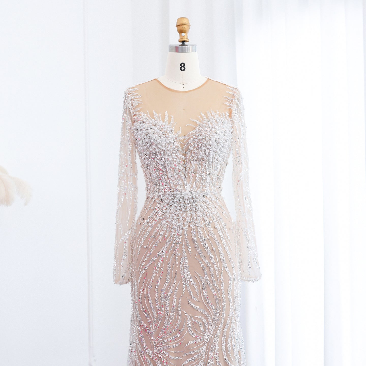 Luxury White Nude Long Sleeves Mermaid Evening Dress SS684