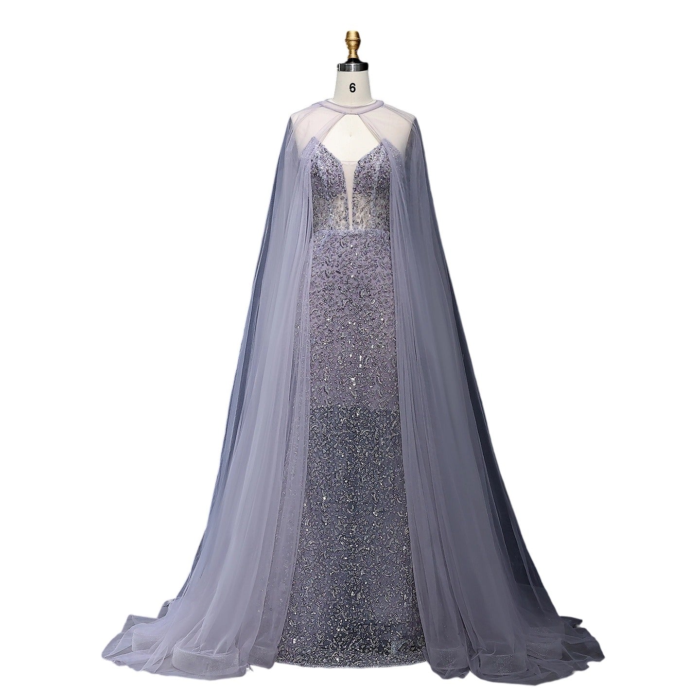 Elegant Purple Beaded Evening Gowns with Sheer Cape SS198