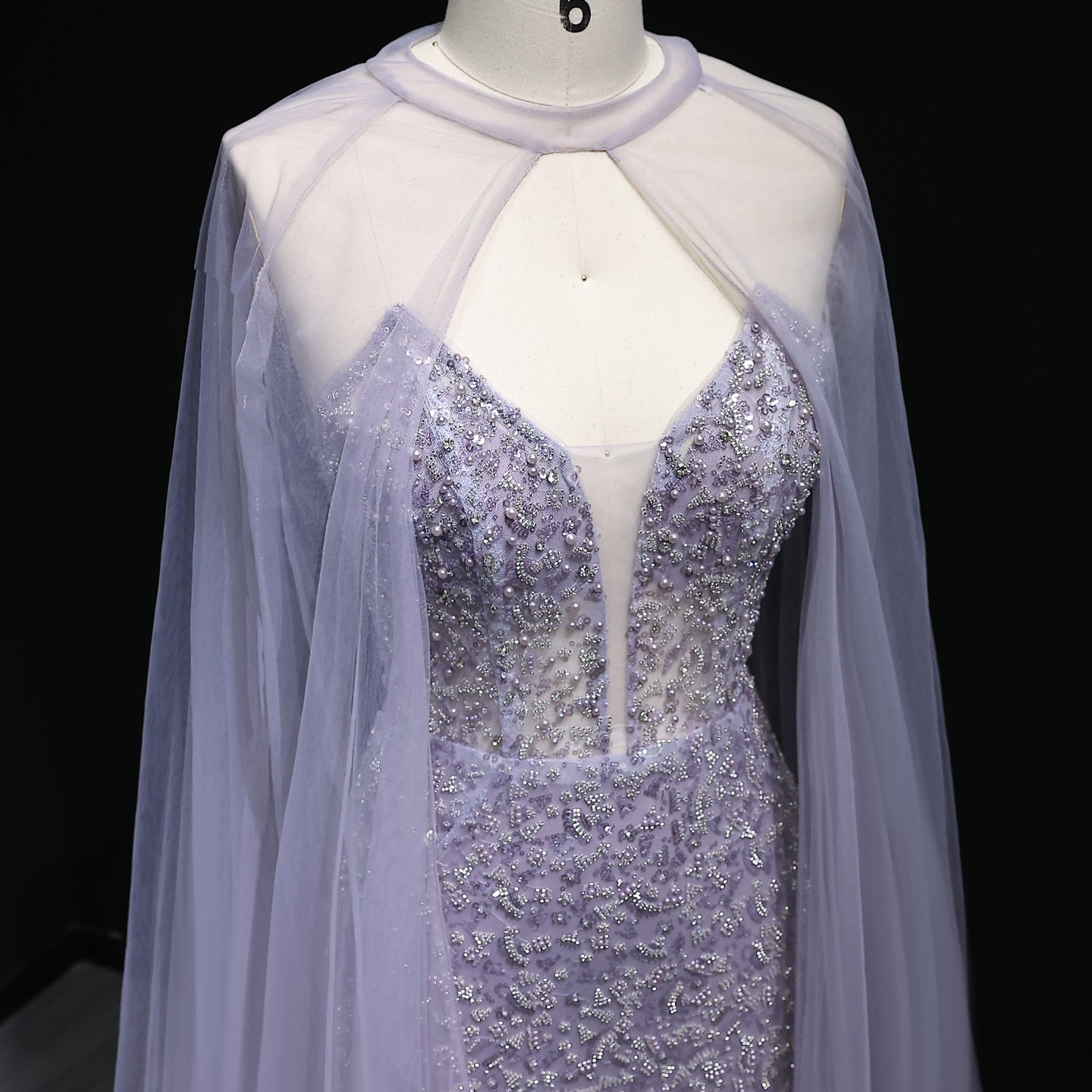 Elegant Purple Beaded Evening Gowns with Sheer Cape SS198