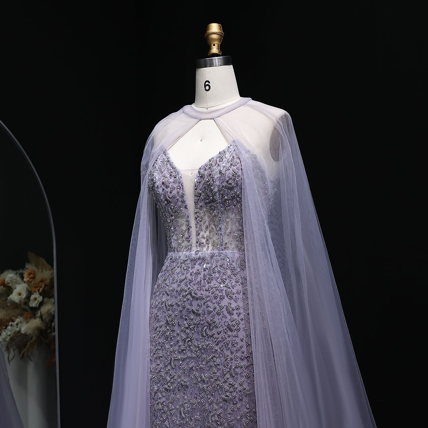 Elegant Purple Beaded Evening Gowns with Sheer Cape SS198