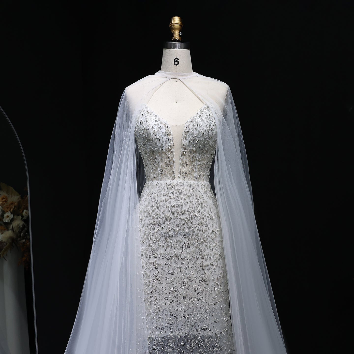 Elegant Purple Beaded Evening Gowns with Sheer Cape SS198