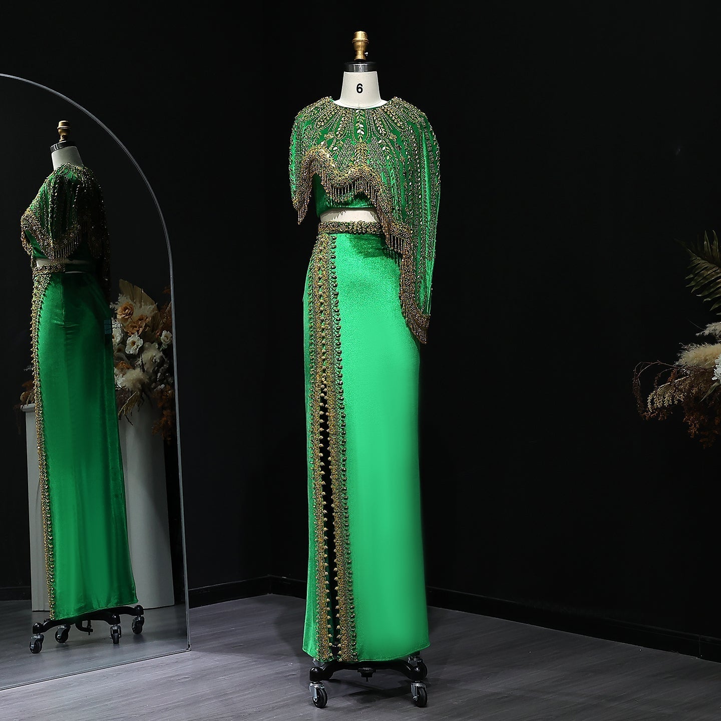 Luxury Black Two Pieces Evening Dress with Gold Beaded SS367  Green / US 16