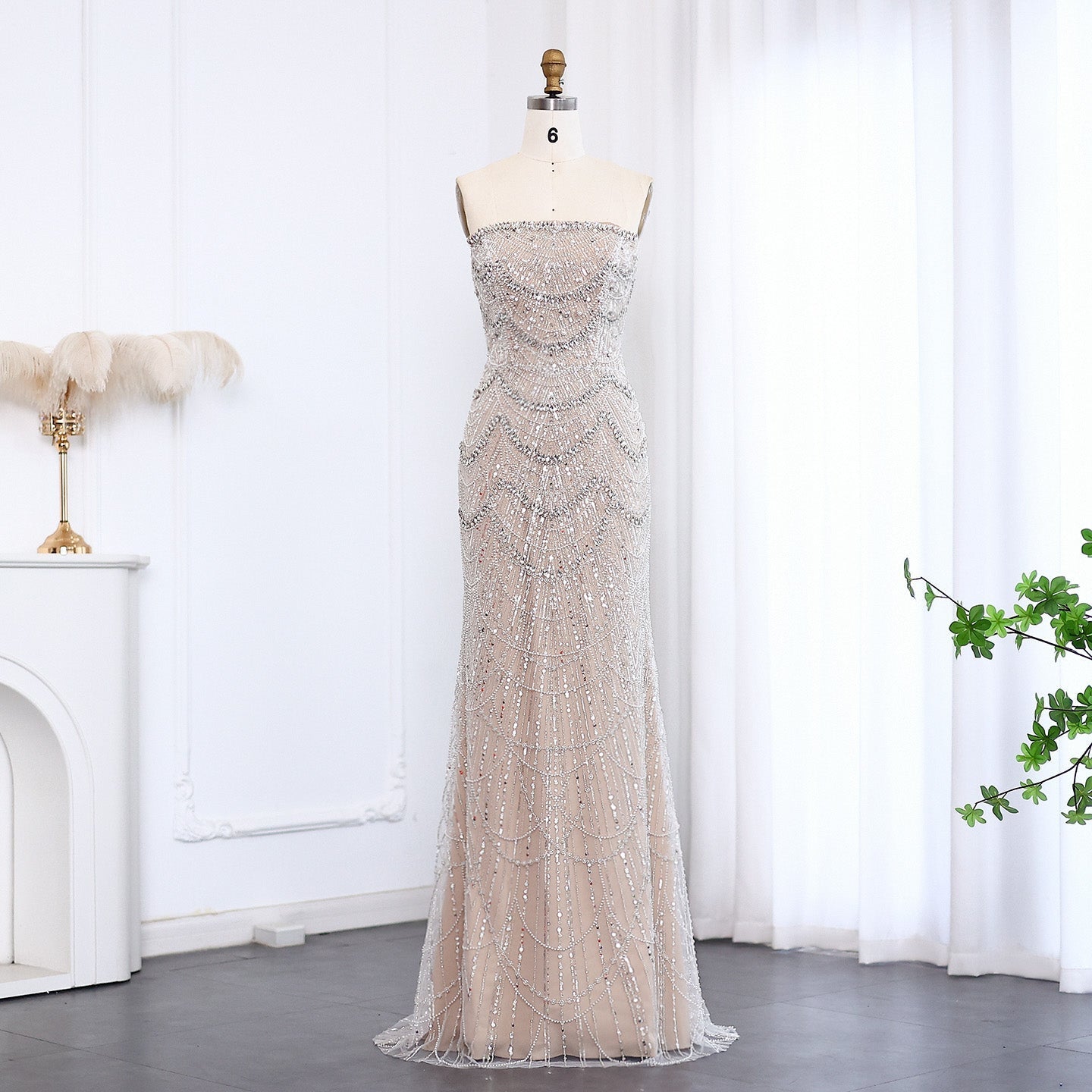 Luxury Pearls Silver Nude Strapless Evening Dress SS681