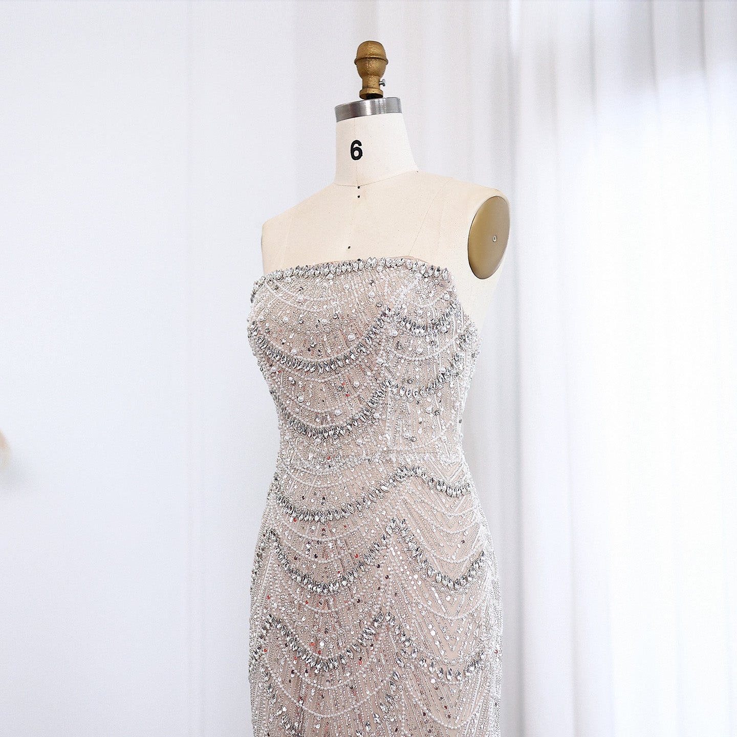 Luxury Pearls Silver Nude Strapless Evening Dress SS681