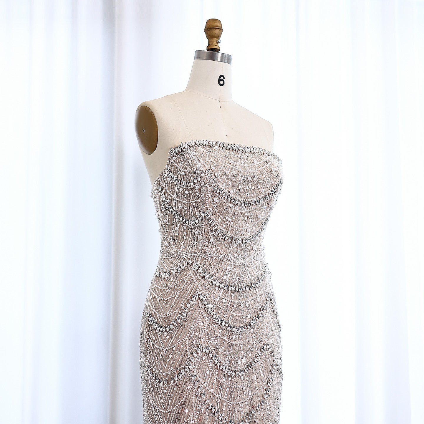 Luxury Pearls Silver Nude Strapless Evening Dress SS681