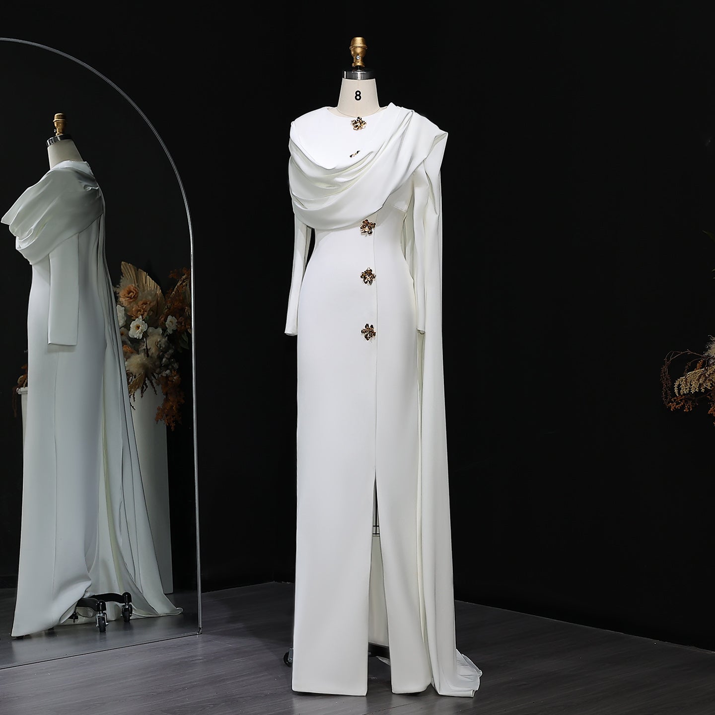 Elegant Off White Satin Arabic Evening Dress with Cape SF536  Off White / US 20