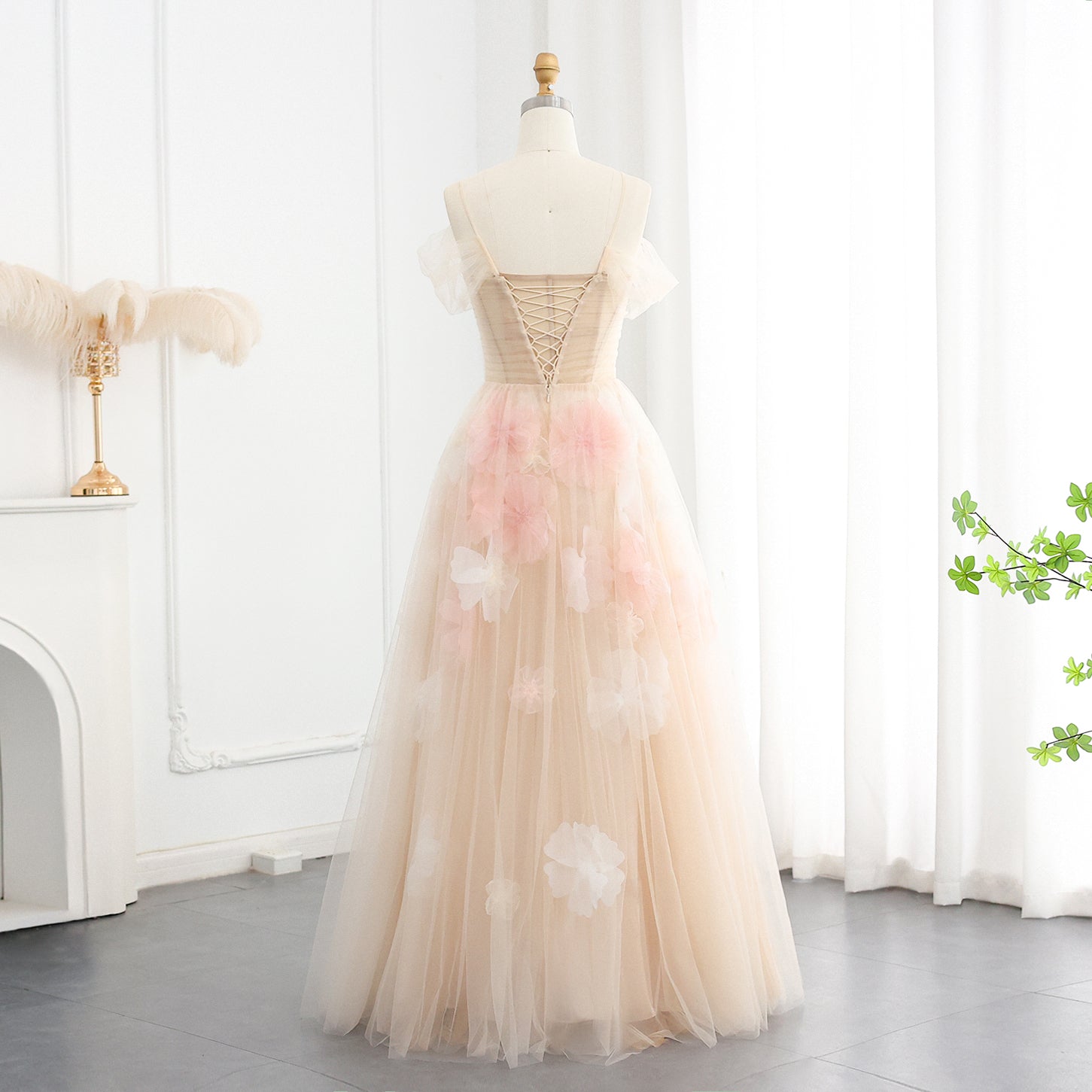 Elegant Off Shoulder Pink 3D Flowers Evening Dress SS321  Champagne / US 16