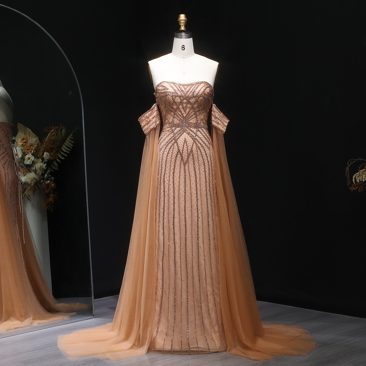 Sparkling Rhinestones Pink Evening Dress with Cape Sleeves SS654  Caramel / US 16