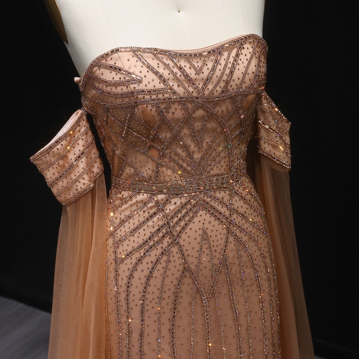 Sparkling Rhinestones Pink Evening Dress with Cape Sleeves SS654