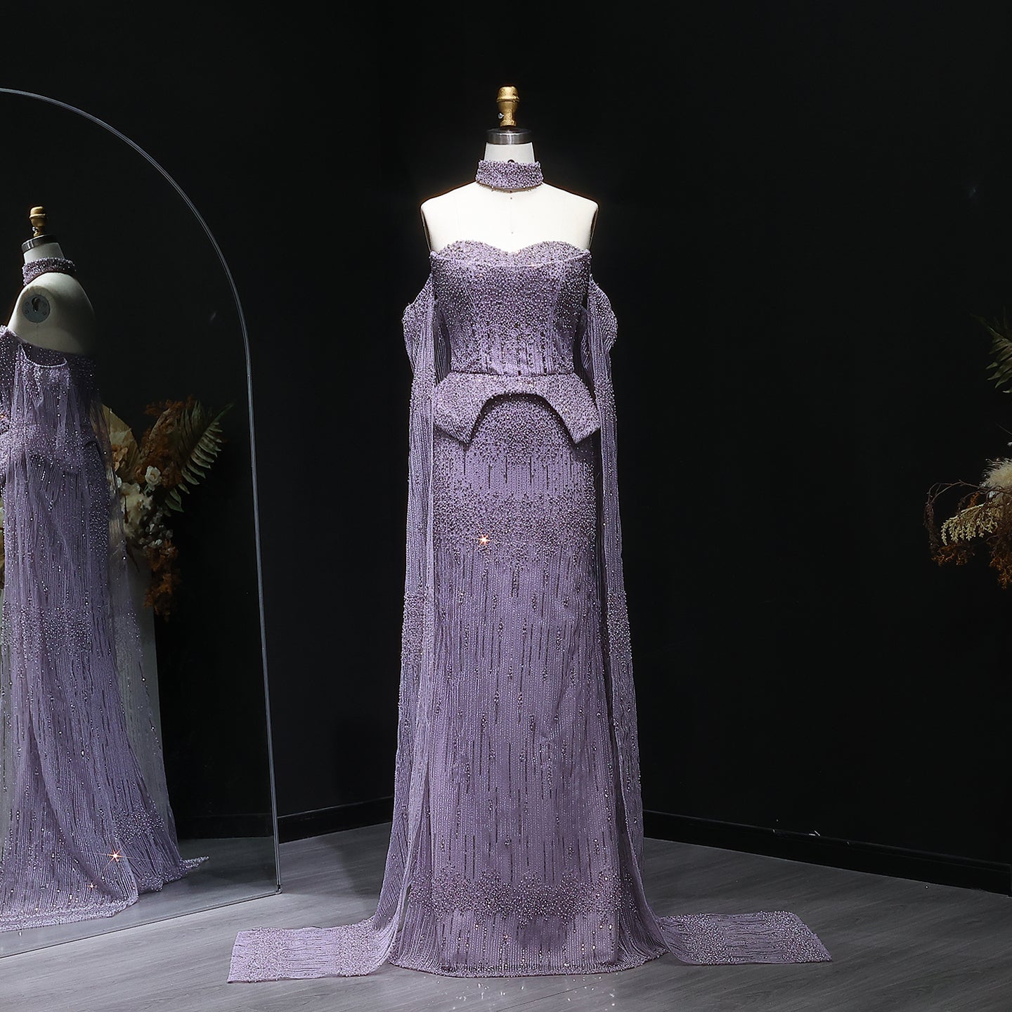 Stunning Gold Crystal Off Shoulder Evening Dress with Cape Sleeves SS558  Purple / US 16