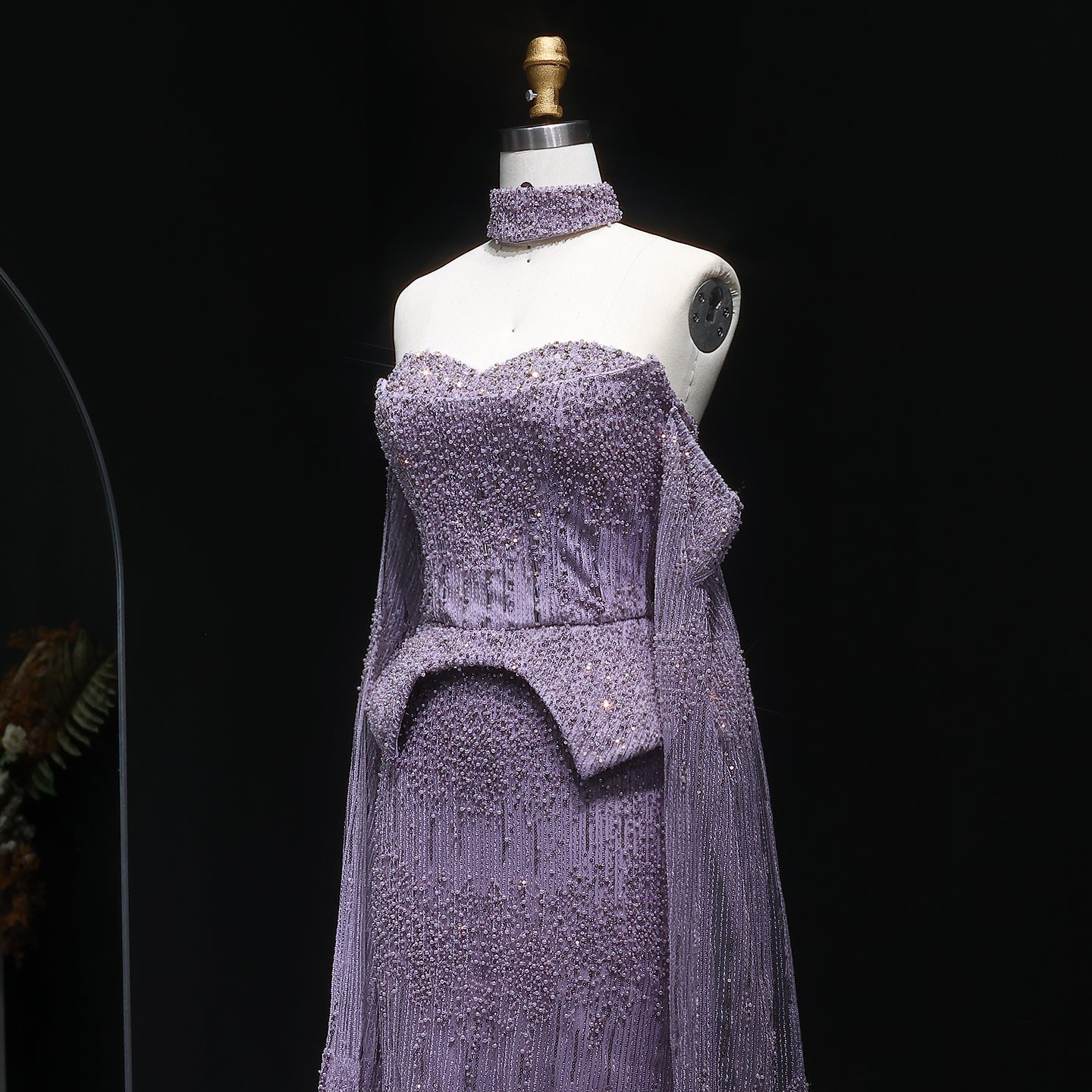 Stunning Gold Crystal Off Shoulder Evening Dress with Cape Sleeves SS558