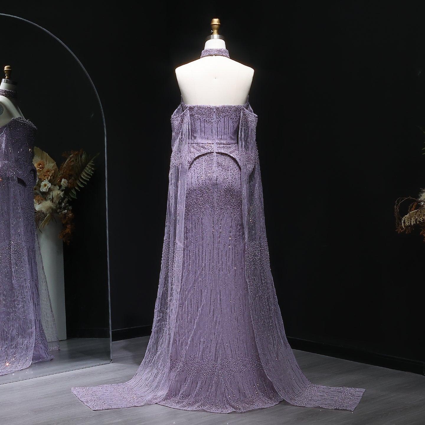 Stunning Gold Crystal Off Shoulder Evening Dress with Cape Sleeves SS558