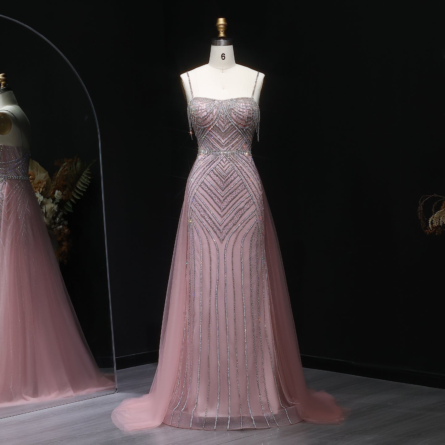 Sparkly Crystal Tassel Pink Evening Dress with Overskirt SS649  Pink / US 18