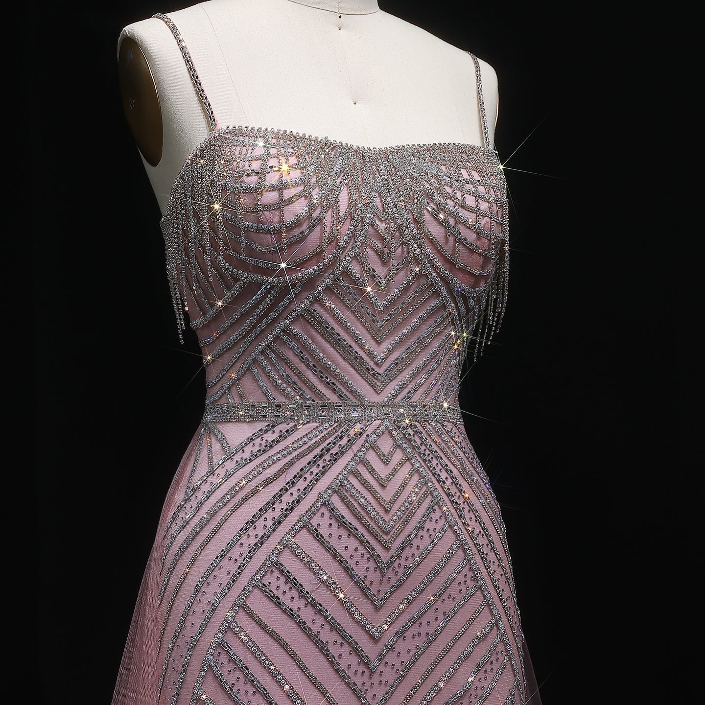 Sparkly Crystal Tassel Pink Evening Dress with Overskirt SS649