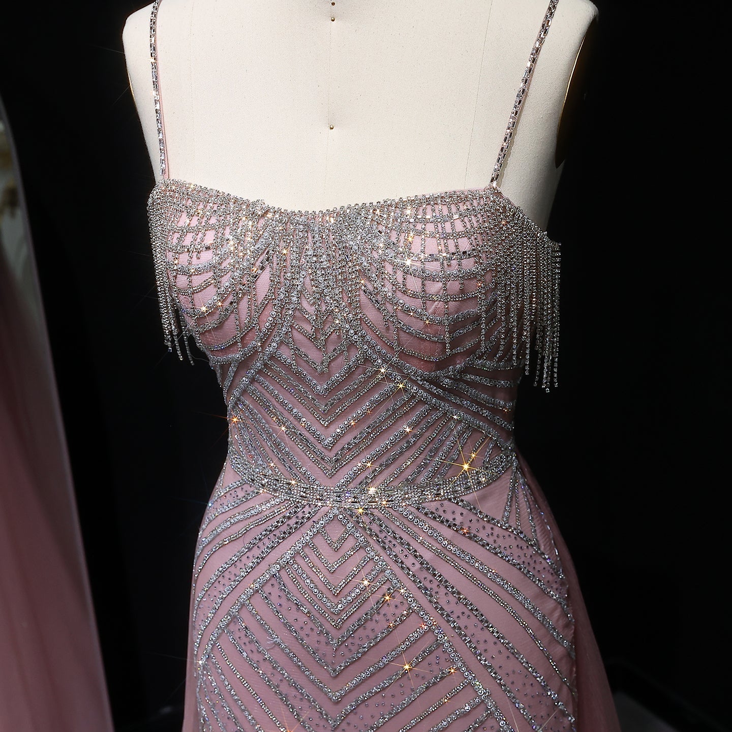 Sparkly Crystal Tassel Pink Evening Dress with Overskirt SS649