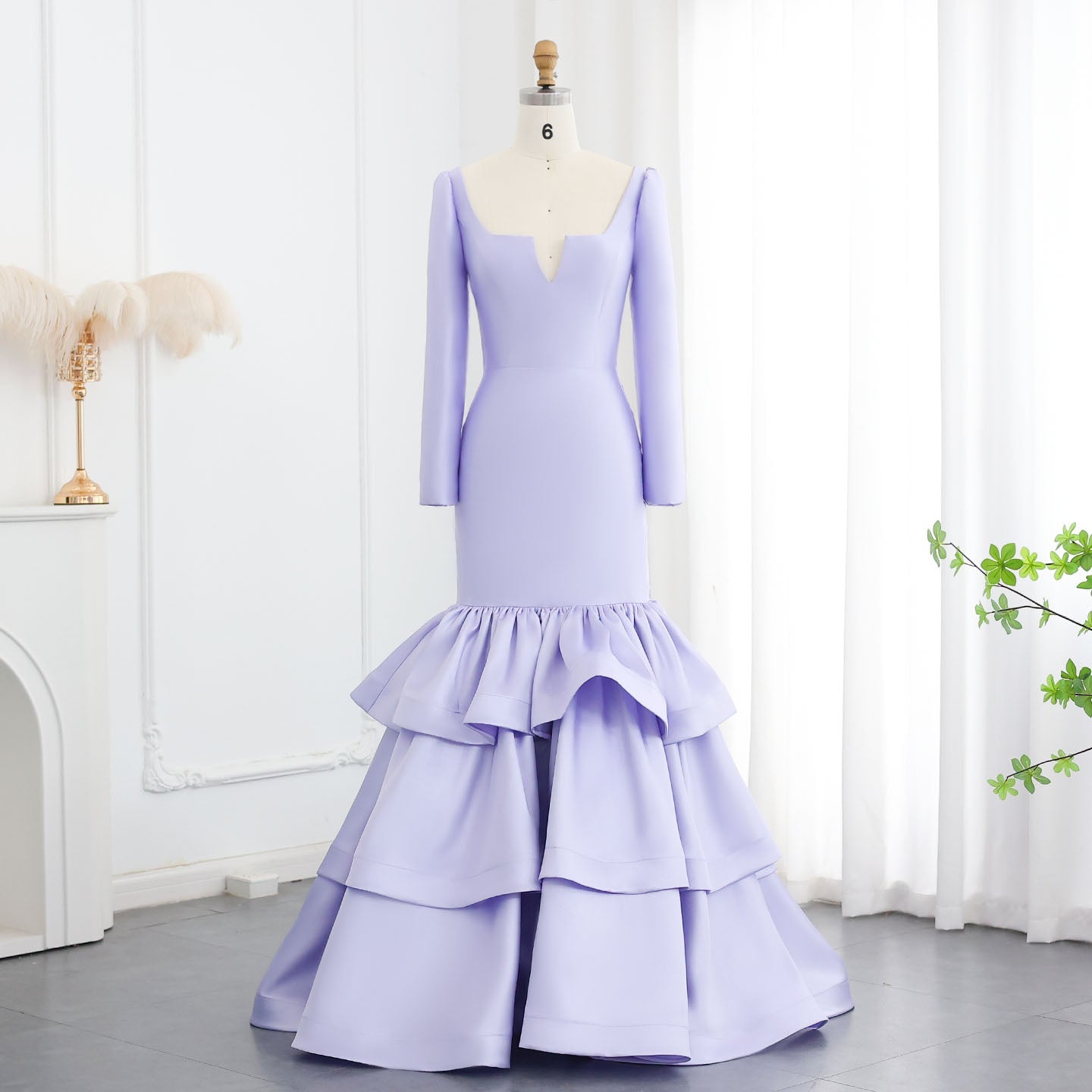 Elegant Blue Satin Long Sleeves Mermaid Evening Dress SF015  Lilac / US 16