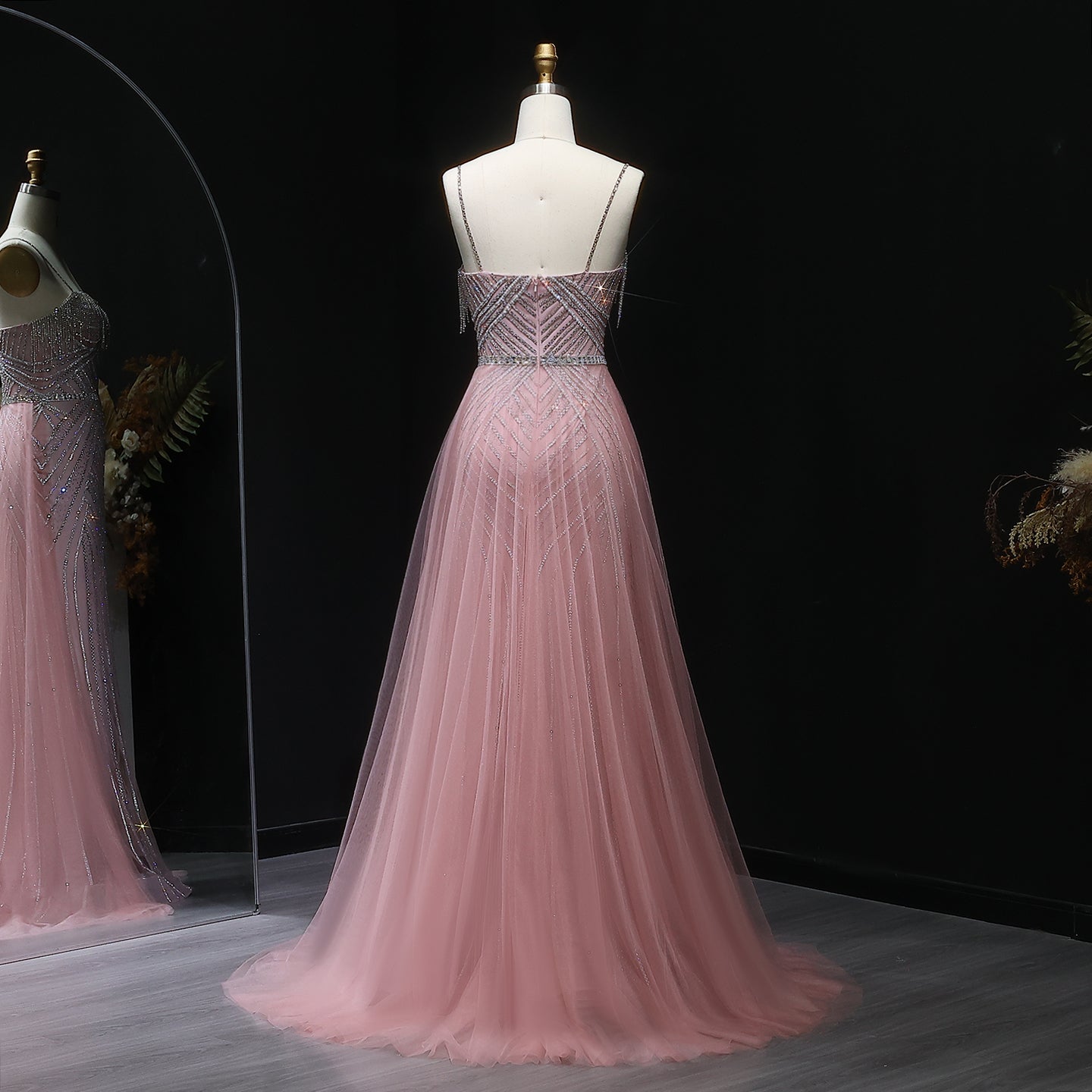 Sparkly Crystal Tassel Pink Evening Dress with Overskirt SS649