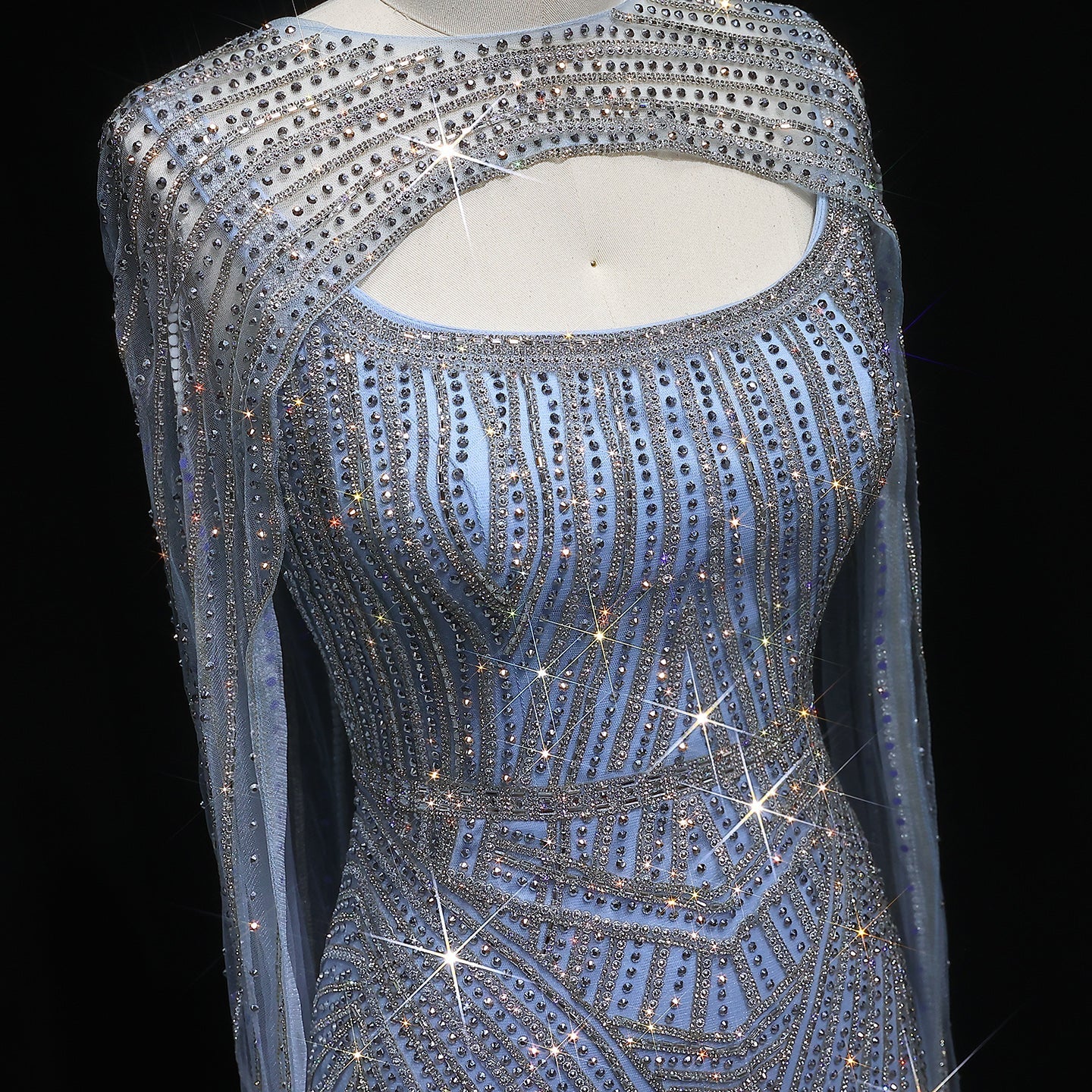 Sparkly Crystal Blue Evening Dress with Cape SS657