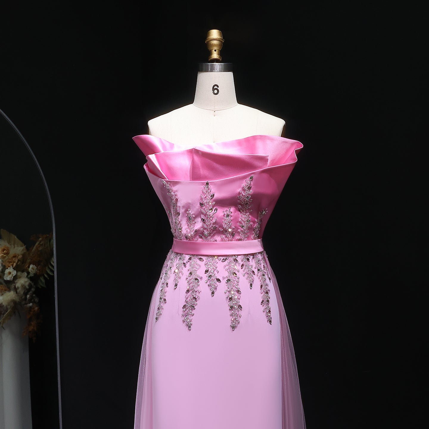 Elegant Pink Crystal Evening Dress with Overskirt SS213