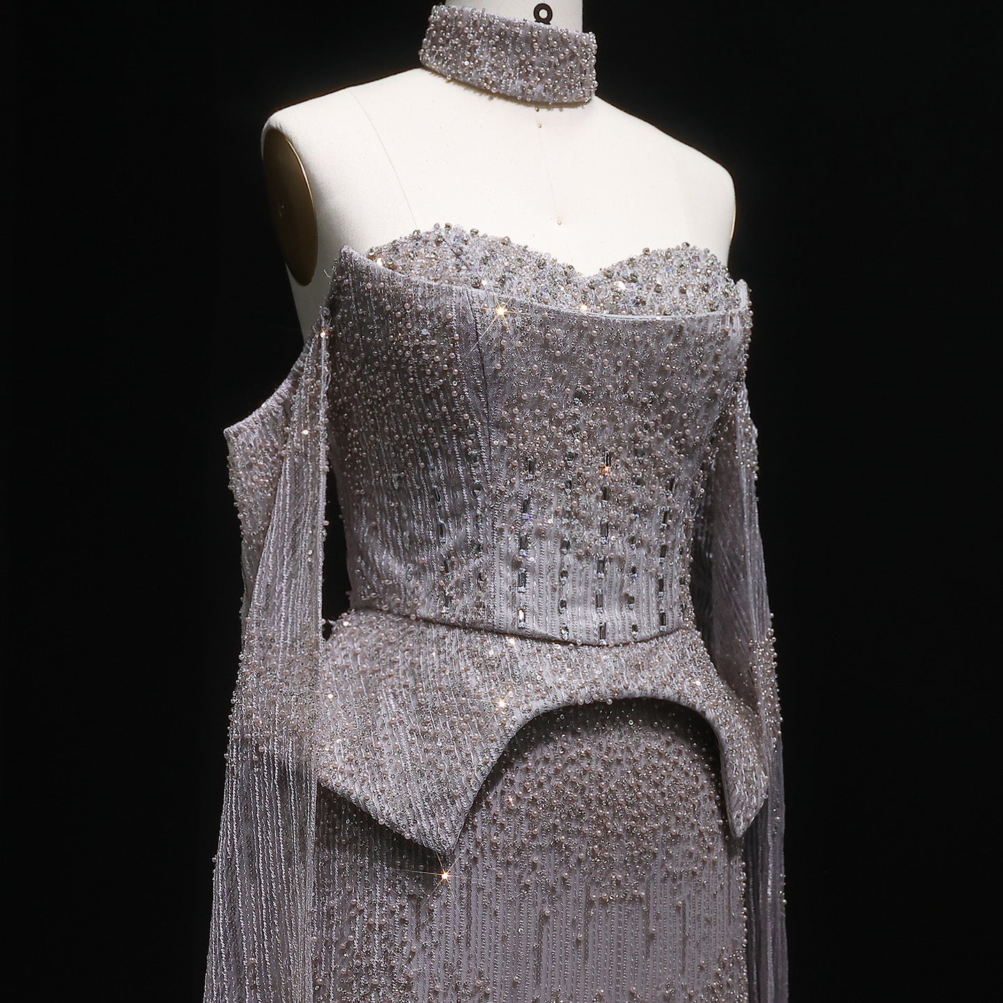 Stunning Gold Crystal Off Shoulder Evening Dress with Cape Sleeves SS558