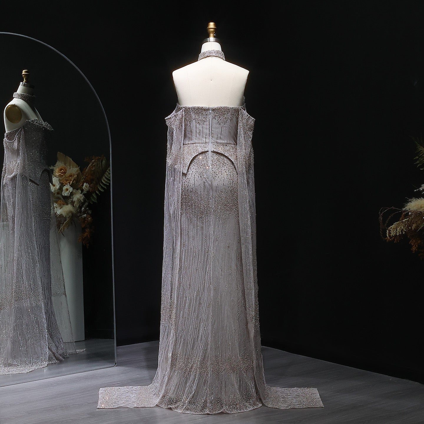 Stunning Gold Crystal Off Shoulder Evening Dress with Cape Sleeves SS558