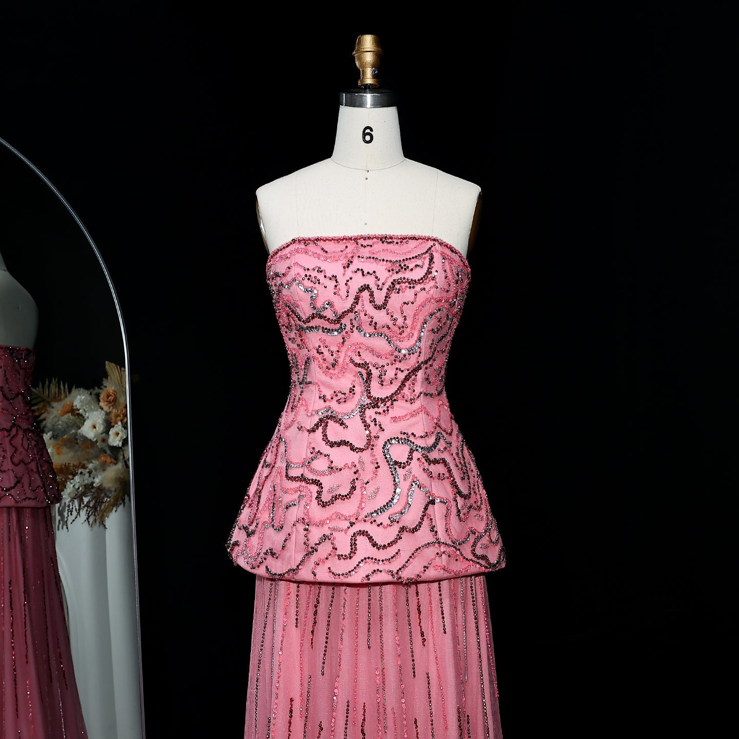 Elegant Rose Pink Crystal Sequin Two Pieces Evening Dress SS218