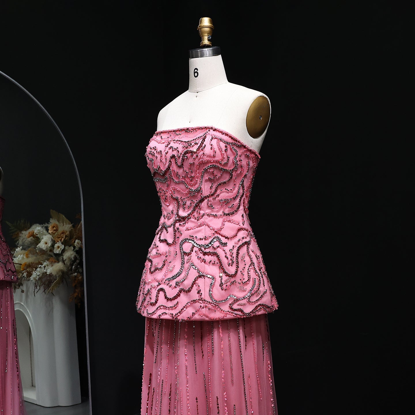 Elegant Rose Pink Crystal Sequin Two Pieces Evening Dress SS218
