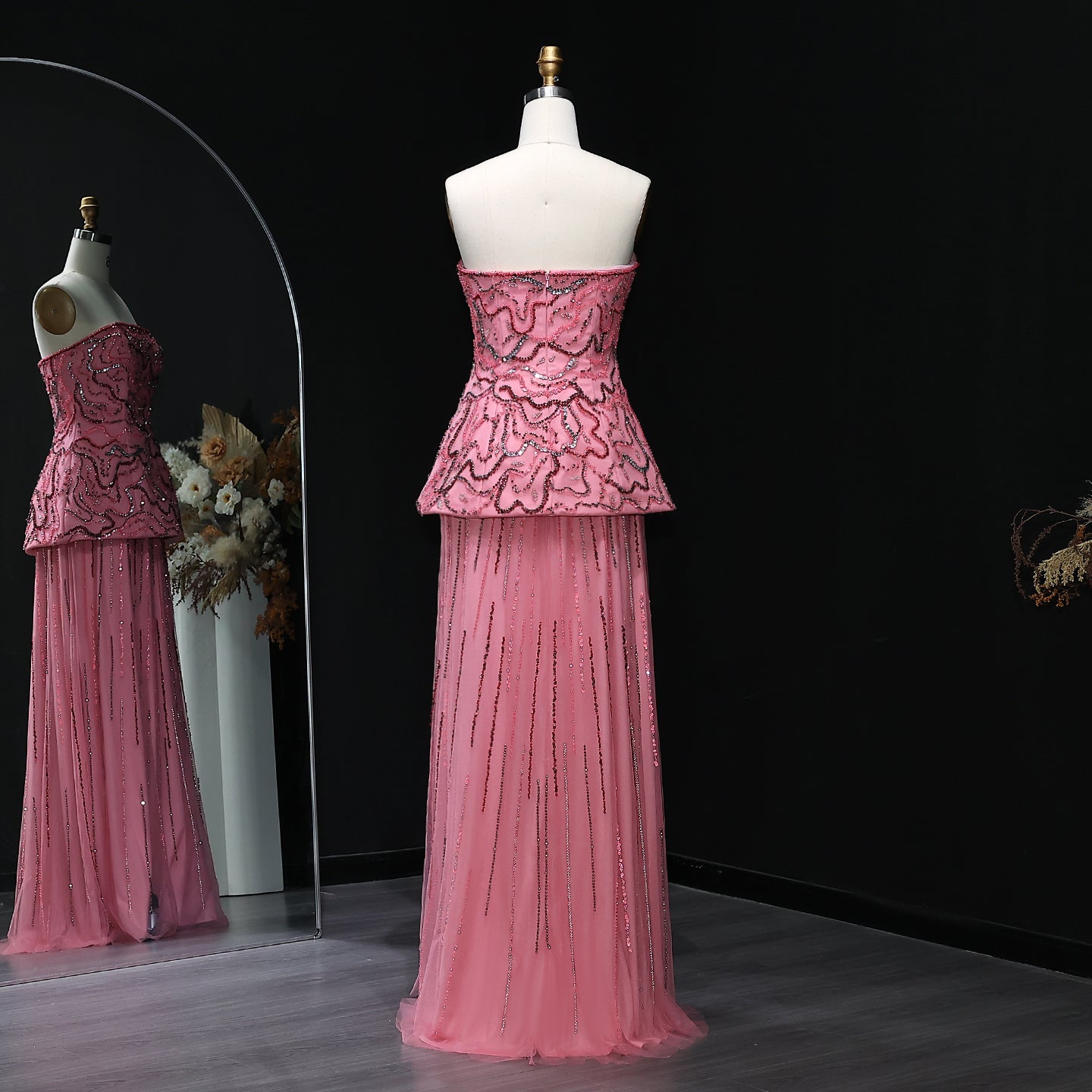 Elegant Rose Pink Crystal Sequin Two Pieces Evening Dress SS218