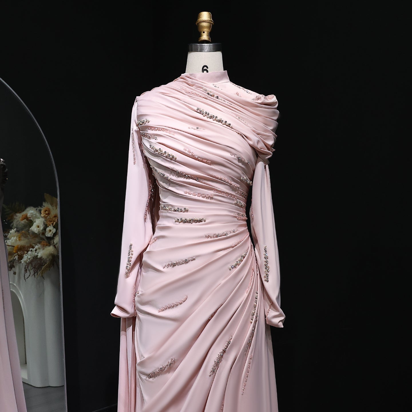 Elegant Pink Mermaid Beaded Evening Dress with cap and ruffles SS412