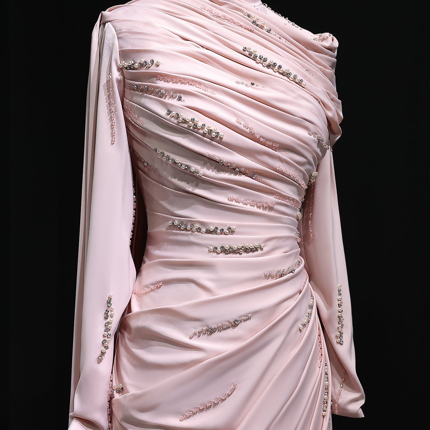 Elegant Pink Mermaid Beaded Evening Dress with cap and ruffles SS412