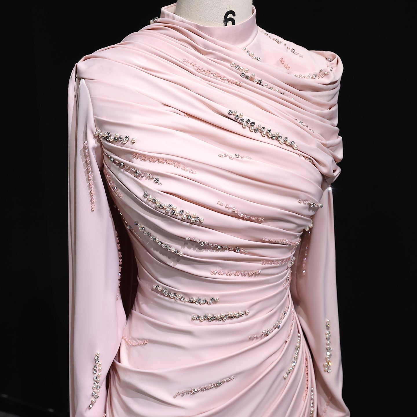 Elegant Pink Mermaid Beaded Evening Dress with cap and ruffles SS412