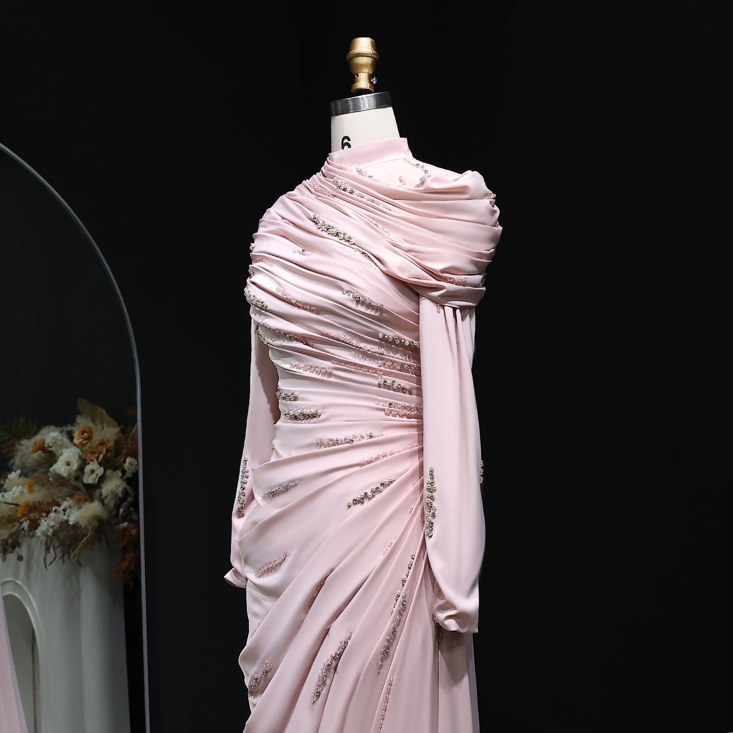 Elegant Pink Mermaid Beaded Evening Dress with cap and ruffles SS412