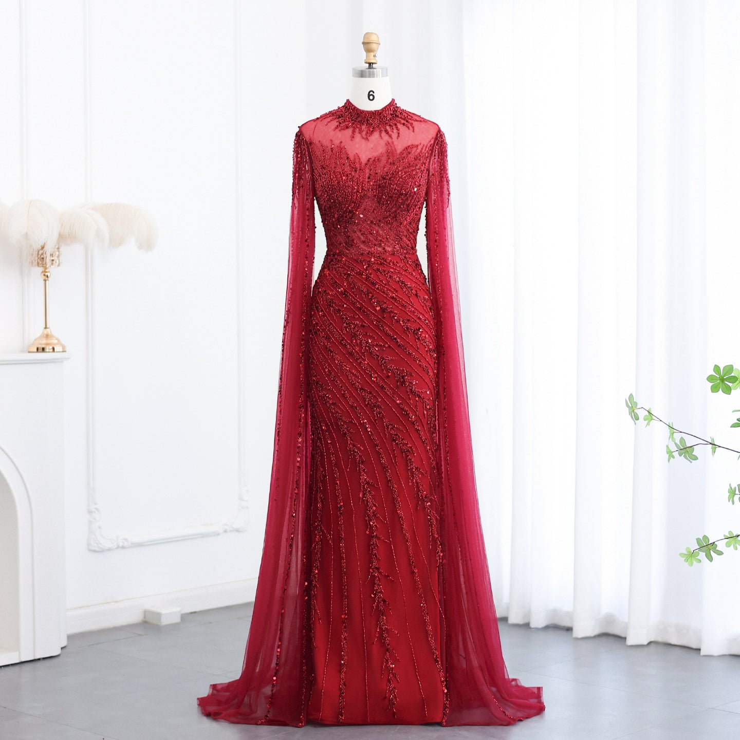 Luxury Black High Neck Evening Dress with Cape Sleeves SS162  Red / US 18